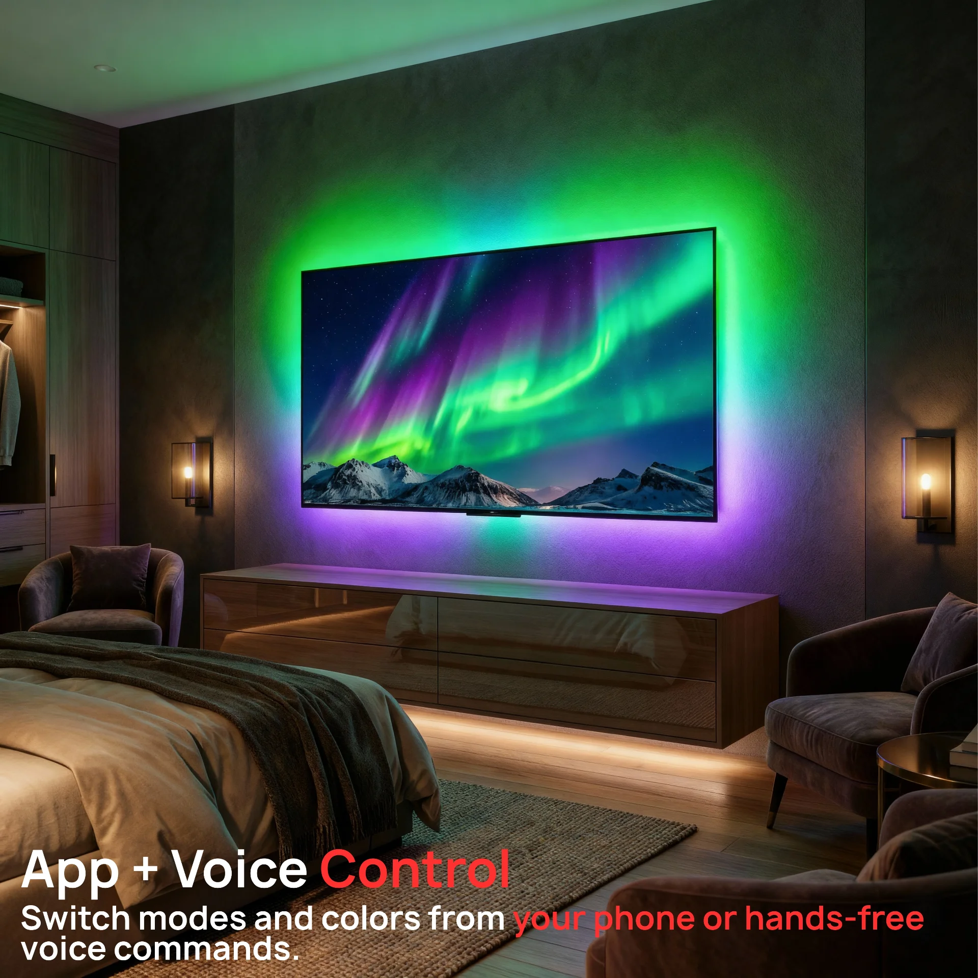 Smart Lighting HDMI Color Sync LED Strip for TVs Up to 85”, Color Flow, Music Mode, App & Voice Control, HDMI Decoder - Scene 4