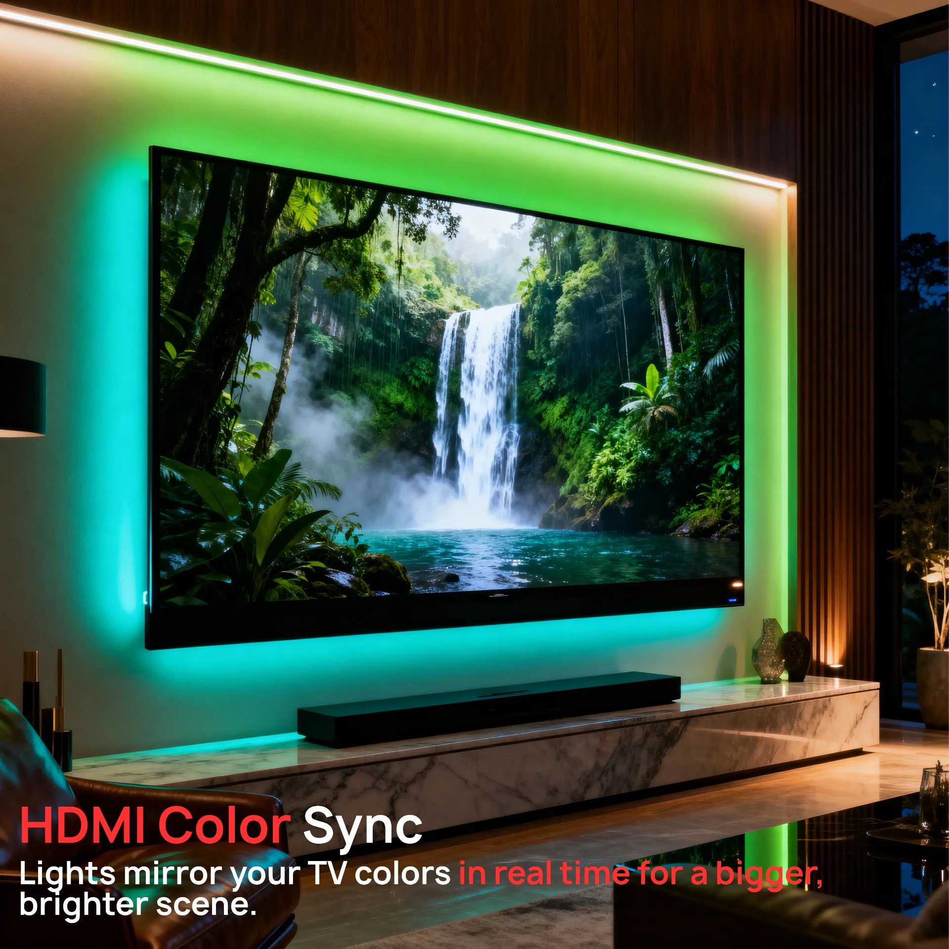 Smart Lighting HDMI Color Sync LED Strip for TVs Up to 85”, Color Flow, Music Mode, App & Voice Control, HDMI Decoder - Scene 6