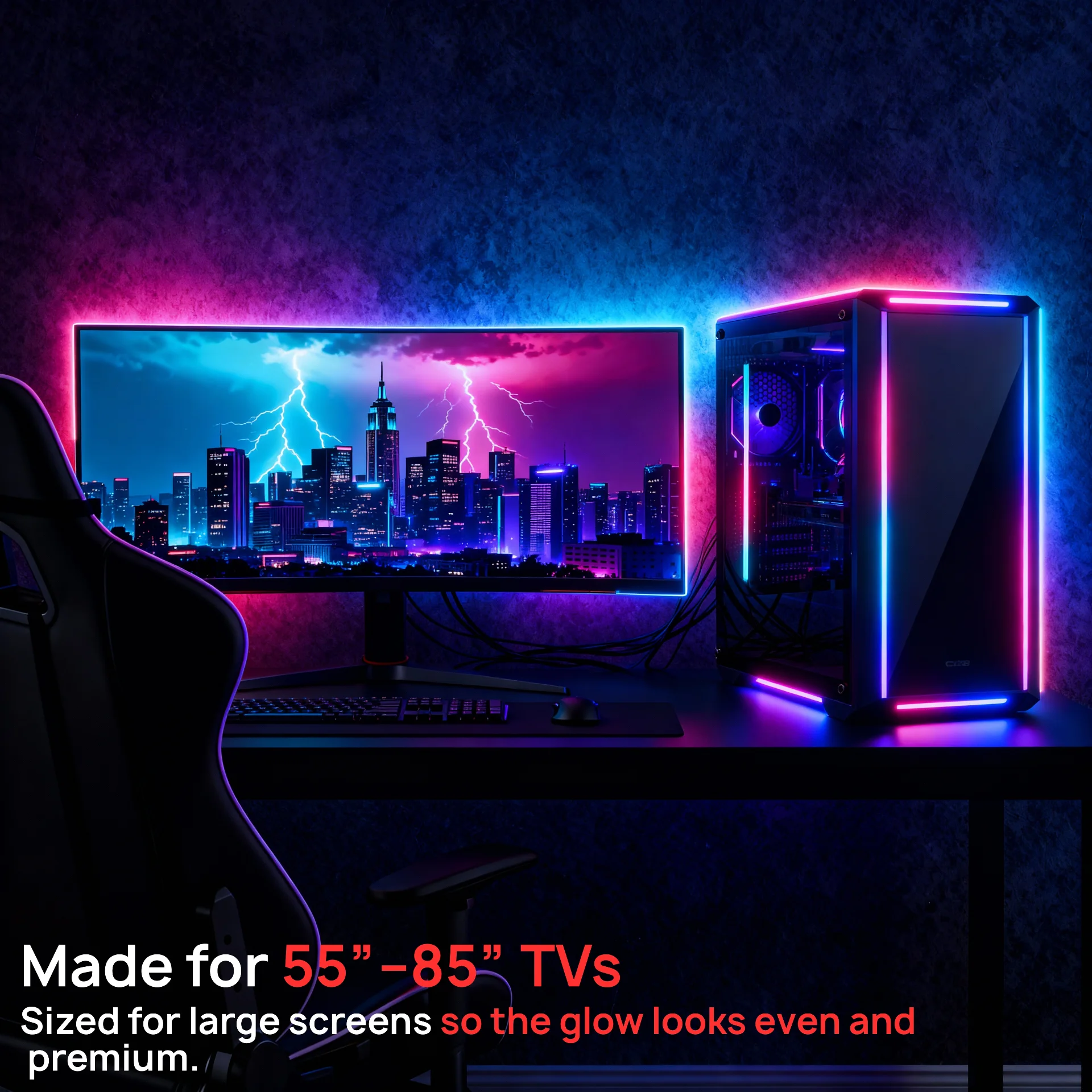 Smart Lighting HDMI Color Sync LED Strip for TVs Up to 85”, Color Flow, Music Mode, App & Voice Control, HDMI Decoder - Scene 7