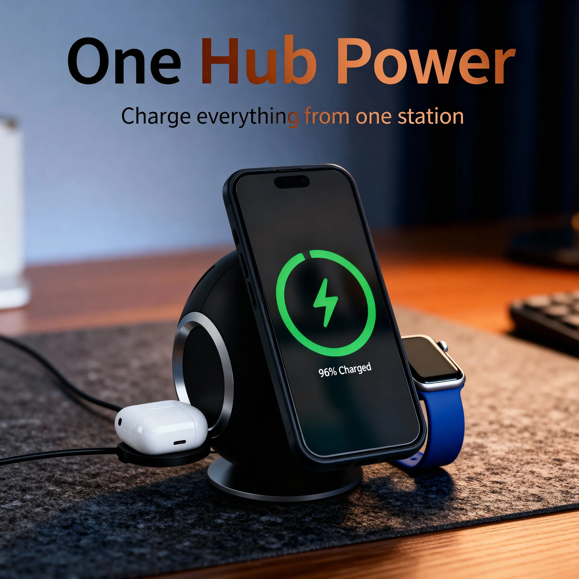 10-in-1 Wireless Charging Sphere Compatible with iPhone, Apple Watch, AirPods, 3x AC Outlets, 2x USB-C, 2x USB-A, Magnetic Base Power Station - Scene 4