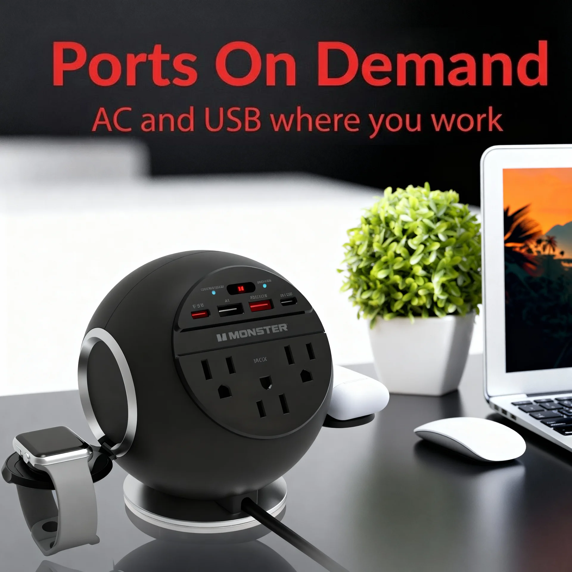 10-in-1 Wireless Charging Sphere Compatible with iPhone, Apple Watch, AirPods, 3x AC Outlets, 2x USB-C, 2x USB-A, Magnetic Base Power Station - Scene 5