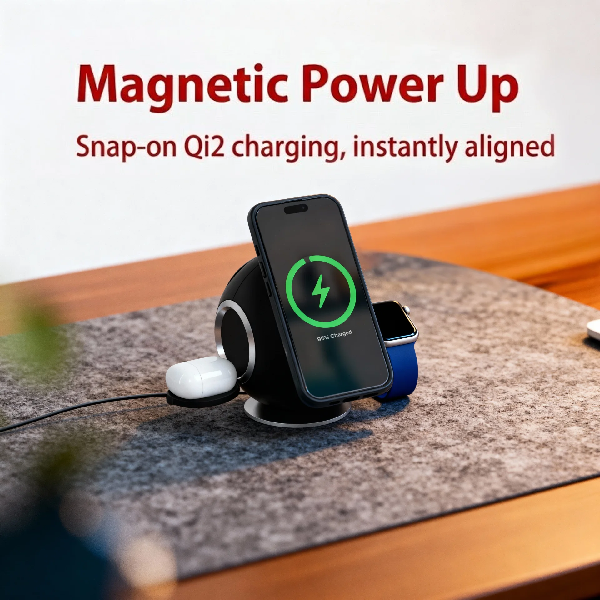 10-in-1 Wireless Charging Sphere Compatible with iPhone, Apple Watch, AirPods, 3x AC Outlets, 2x USB-C, 2x USB-A, Magnetic Base Power Station - Scene 7