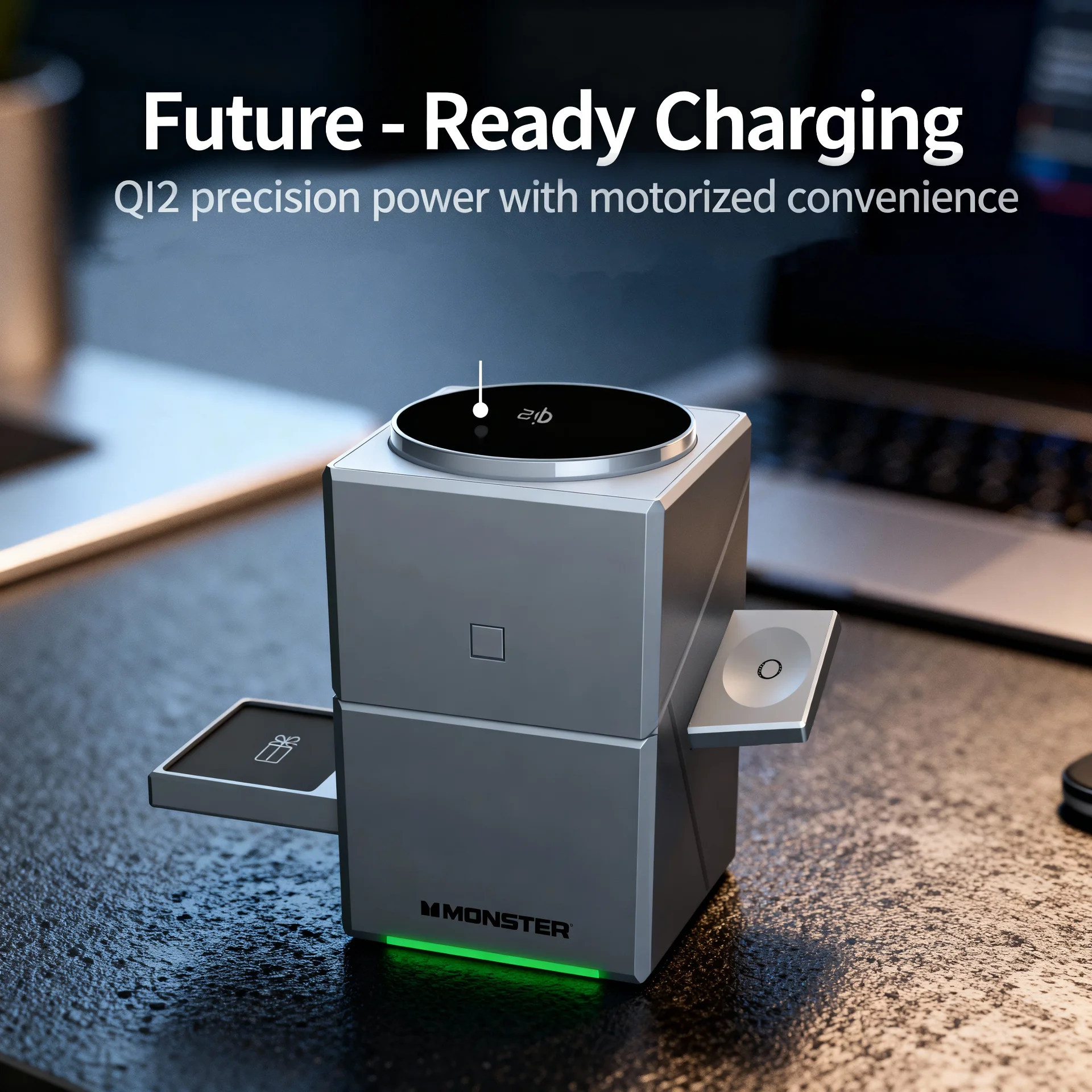 Monster 3-in-1 Motorized Wireless Charger for iPhone, Apple Watch & AirPods - Magnetic, Rotating, Fast Charging Station - Scene 4
