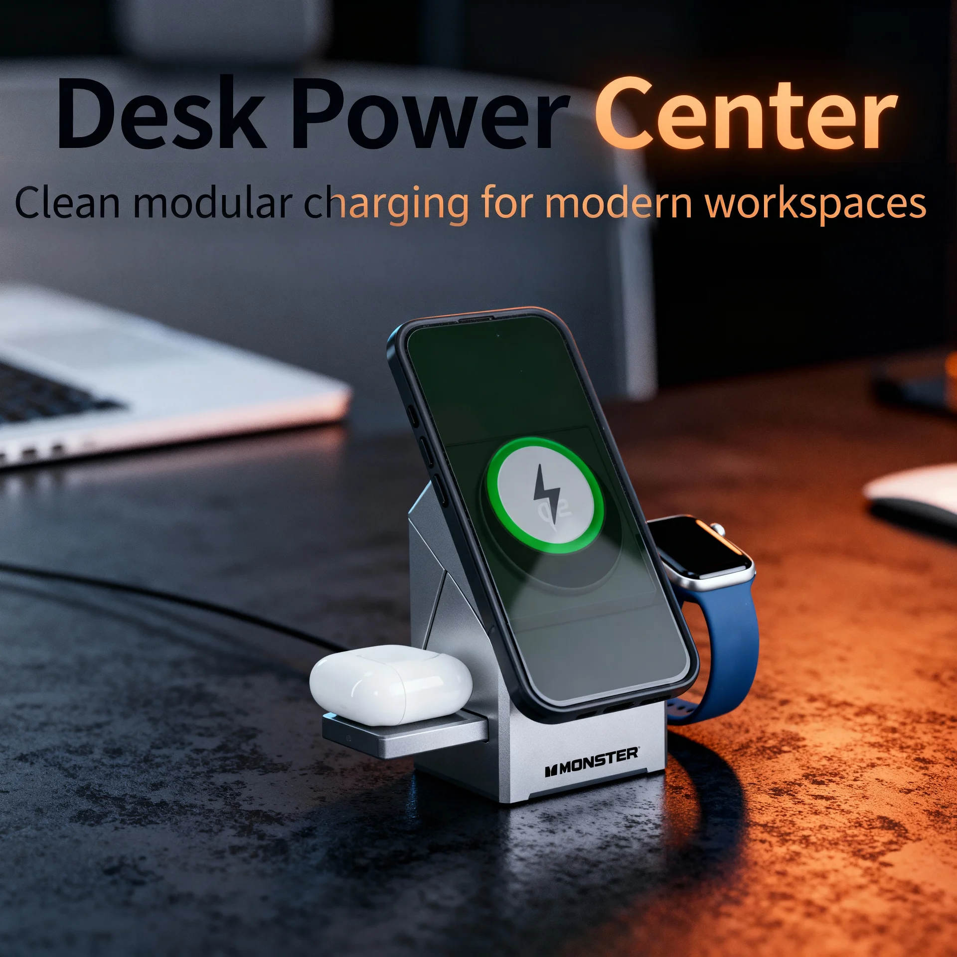 Monster 3-in-1 Motorized Wireless Charger for iPhone, Apple Watch & AirPods - Magnetic, Rotating, Fast Charging Station - Scene 5