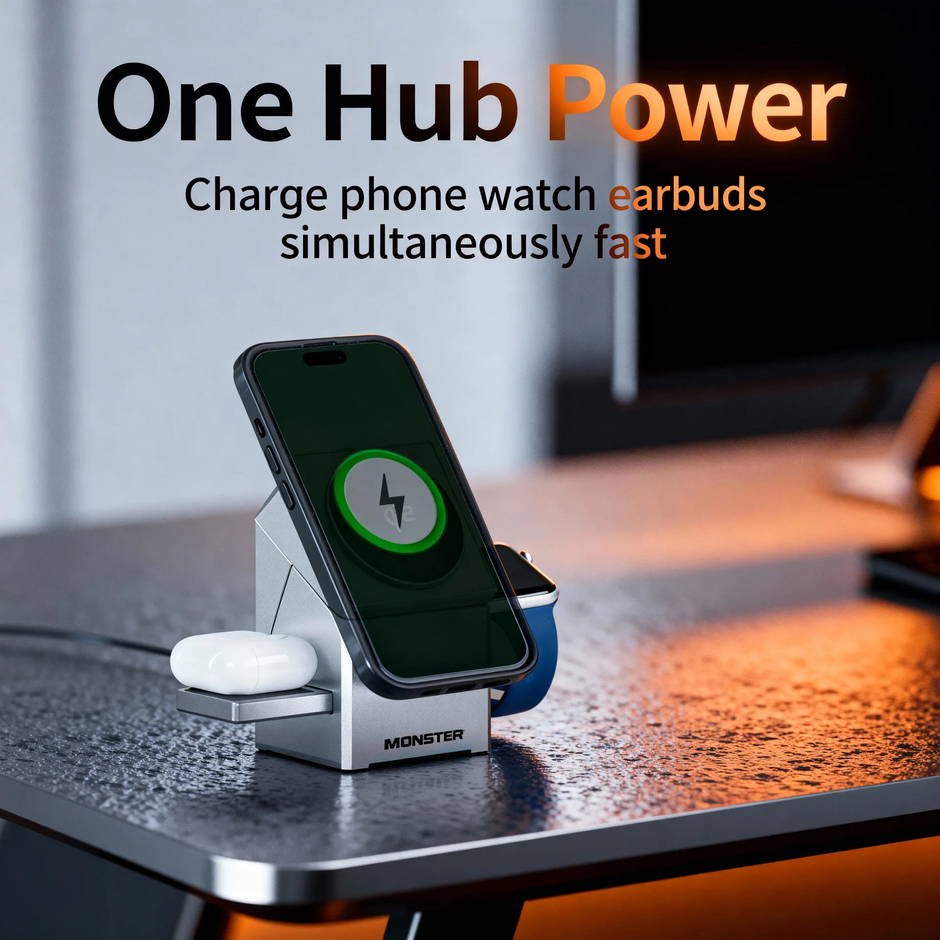 Monster 3-in-1 Motorized Wireless Charger for iPhone, Apple Watch & AirPods - Magnetic, Rotating, Fast Charging Station - Scene 6