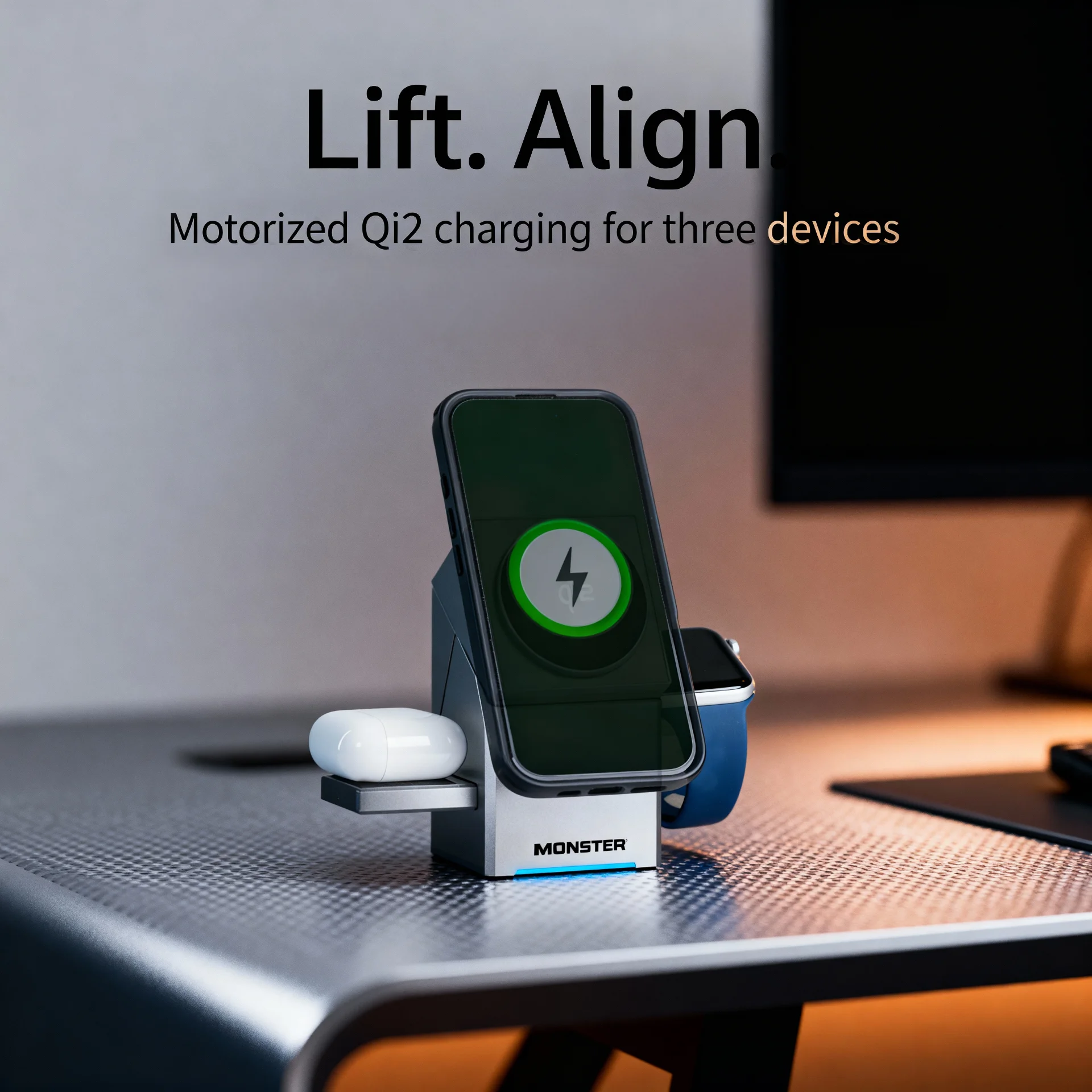 Monster 3-in-1 Motorized Wireless Charger for iPhone, Apple Watch & AirPods - Magnetic, Rotating, Fast Charging Station - Scene 7