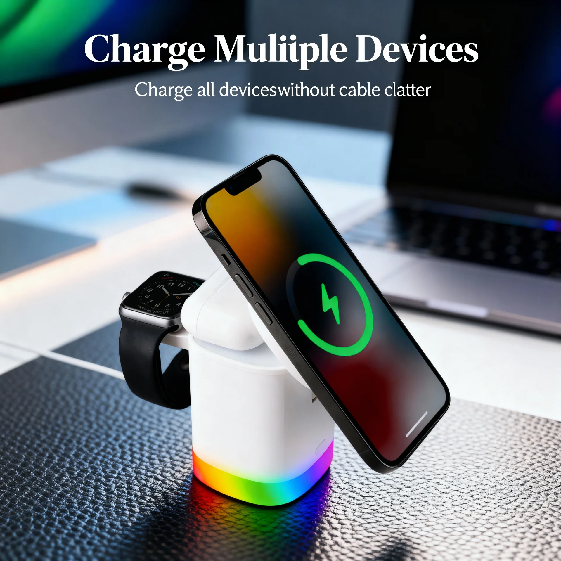 3-in-1 Mag-Safe Wireless Charging Station with Apple Watch and AirPods Dock - Scene 5
