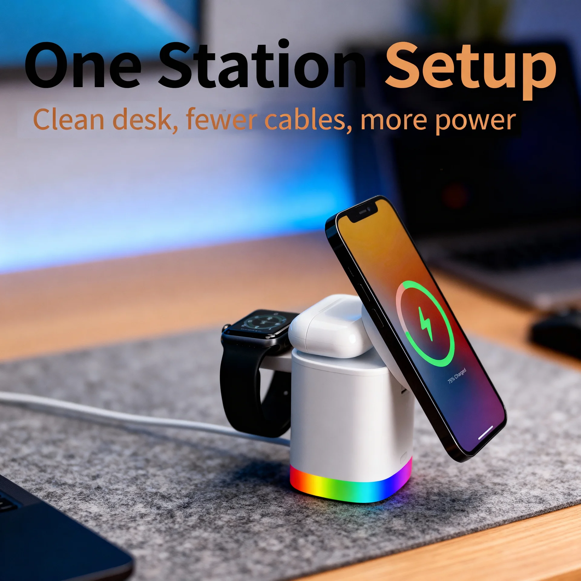 3-in-1 Mag-Safe Wireless Charging Station with Apple Watch and AirPods Dock - Scene 6