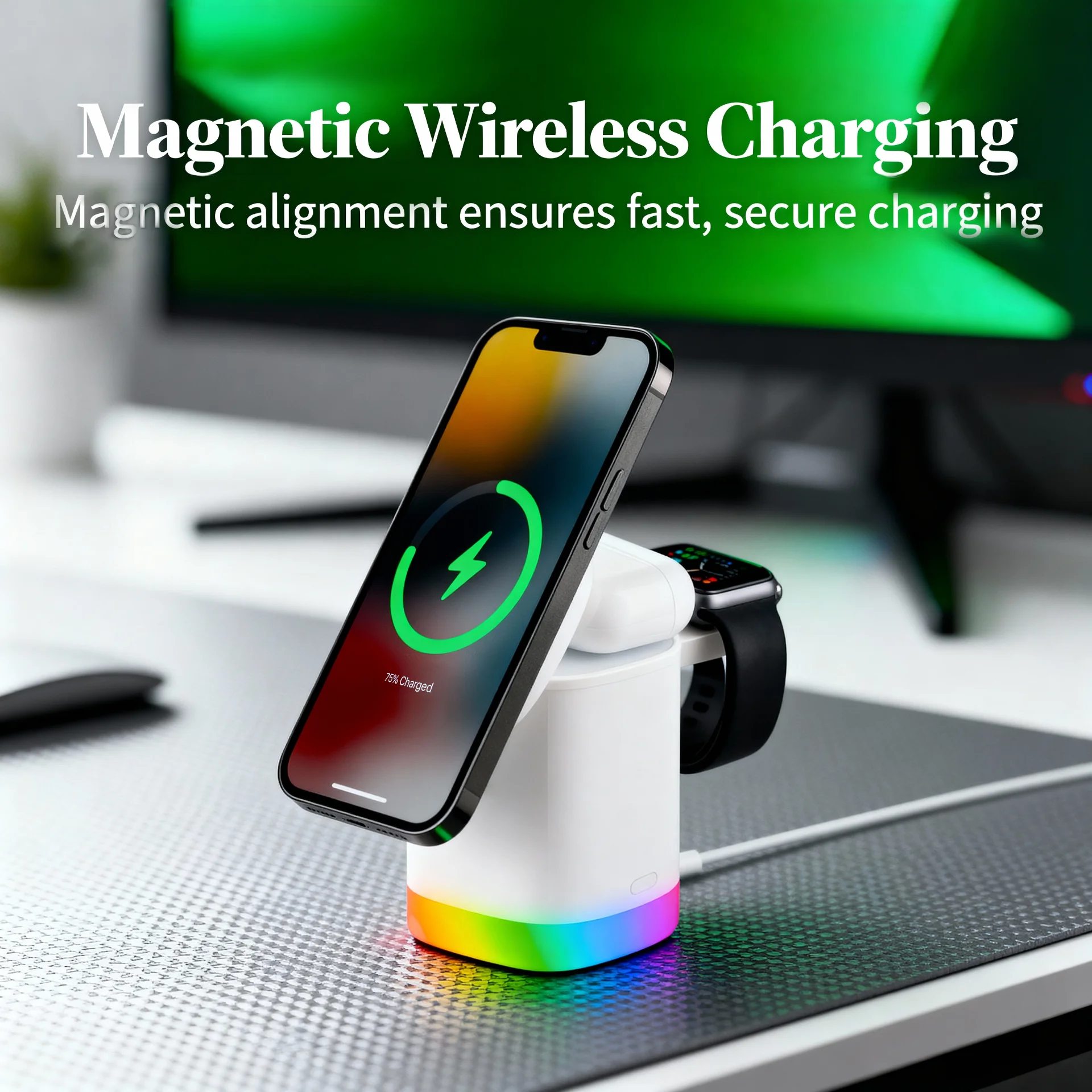 3-in-1 Mag-Safe Wireless Charging Station with Apple Watch and AirPods Dock - Scene 7
