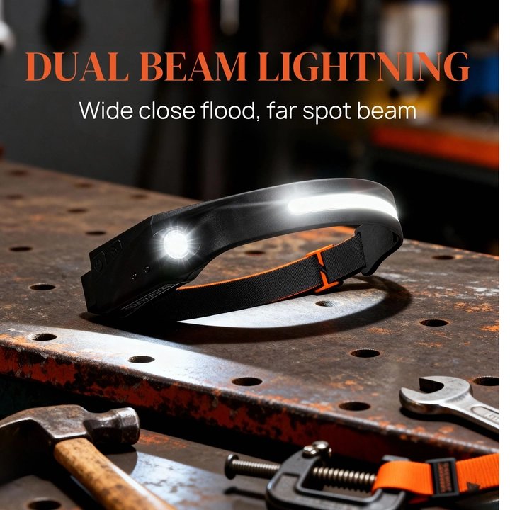 Rechargeable Headlamp with Flashlight & Wave Sensor, 350 Lumens LED 230° Wide Beam Head Light, IP65 Waterproof, 4 Brightness Settings & SOS Mode, Fits Over Helmets, Head Lamp for Camping - Scene 4