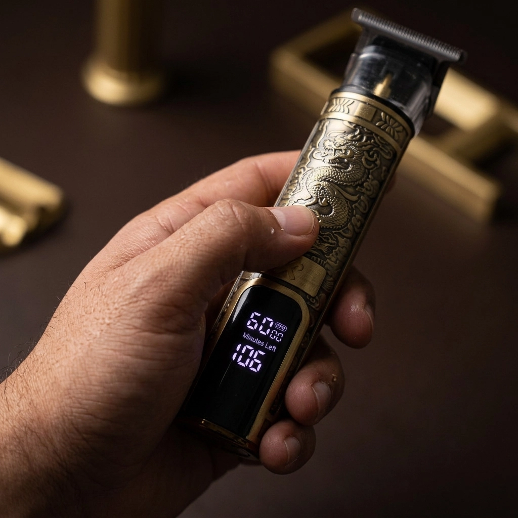 Kyoto T-Blade Rechargeable Beard Trimmer for Men, Hair & Detail Grooming, LCD Display, 120 Min Runtime, 3 Speeds, 4 Guide Combs, Cordless Hair Clipper - Scene 11