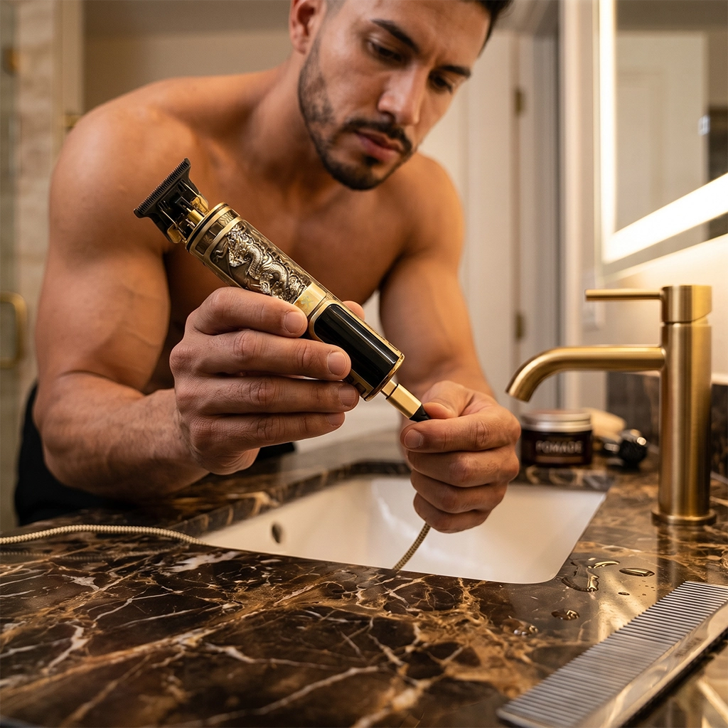 Kyoto T-Blade Rechargeable Beard Trimmer for Men, Hair & Detail Grooming, LCD Display, 120 Min Runtime, 3 Speeds, 4 Guide Combs, Cordless Hair Clipper - Scene 13