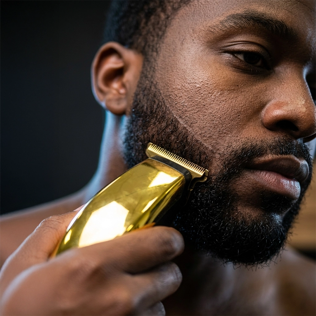 Hypoallergenic Battery-Powered Gold T-Blade Beard Trimmer for Men with 3 Guide Combs - Scene 8