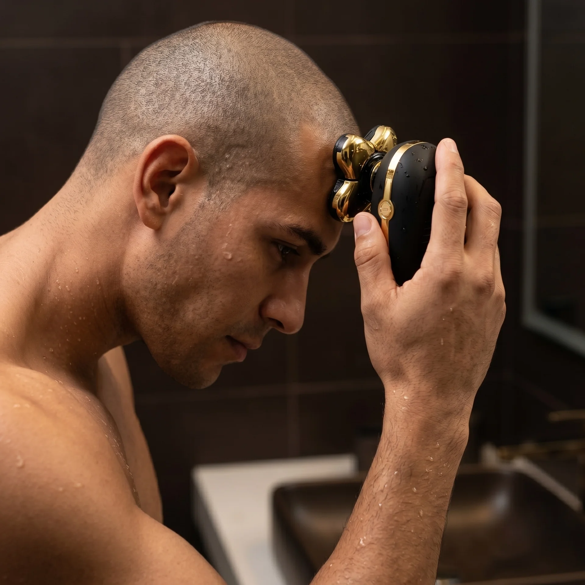 Mens Wet & Dry Waterproof 5 Pivoting Rotary Head Rechargeable Head Shaver, Wet & Dry Waterproof Electric Head Razor, LCD Display, Hypoallergenic Titanium Coated Blades, USB Charging - Scene 8