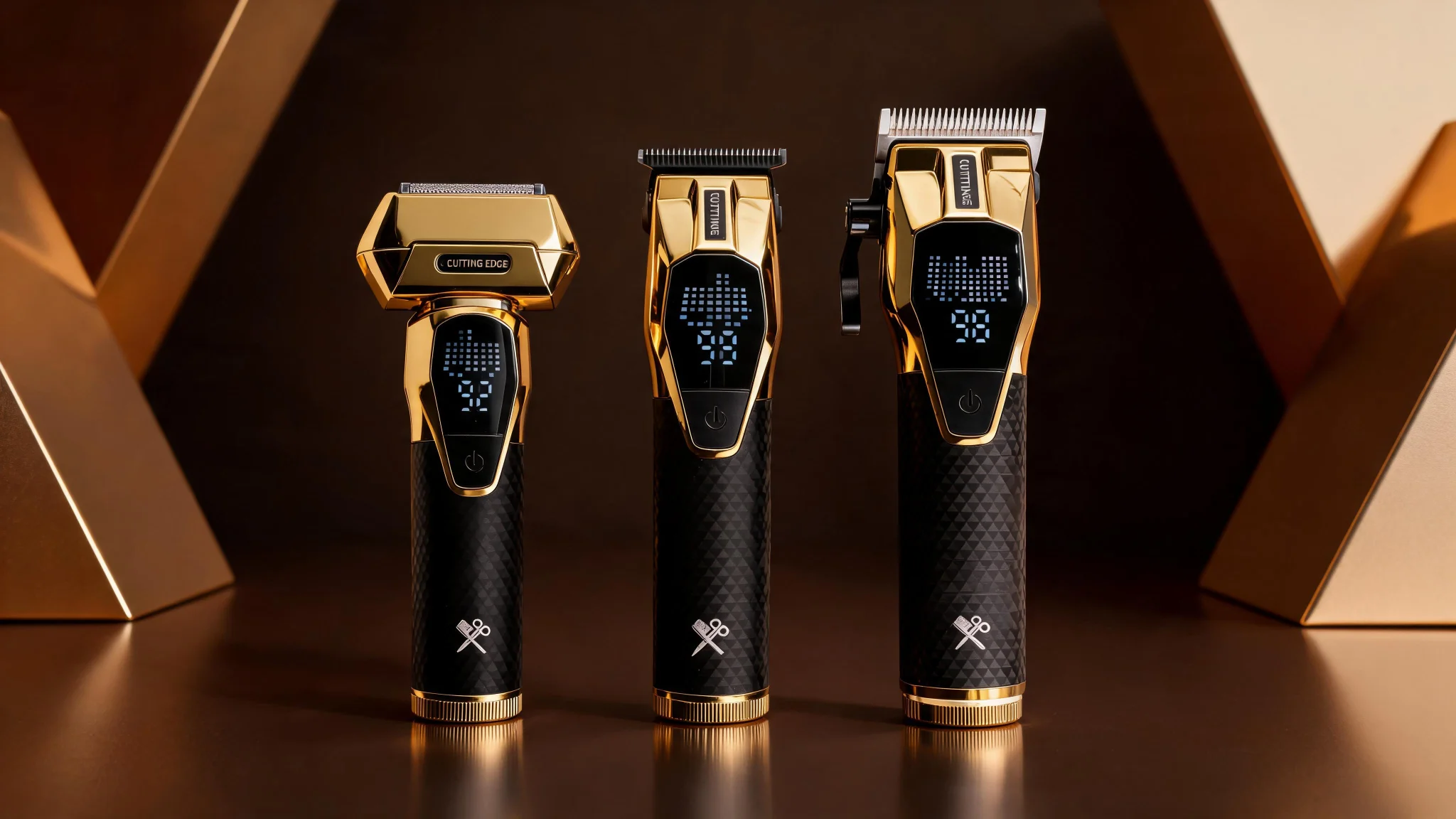 Cutting Edge Professional 3-Piece Interchangeable Rechargeable Battery Hair Cutting Kit with LED Display, Rechargeable Lithium Power – Clipper, Trimmer; Foil Shaver, Gold/Black