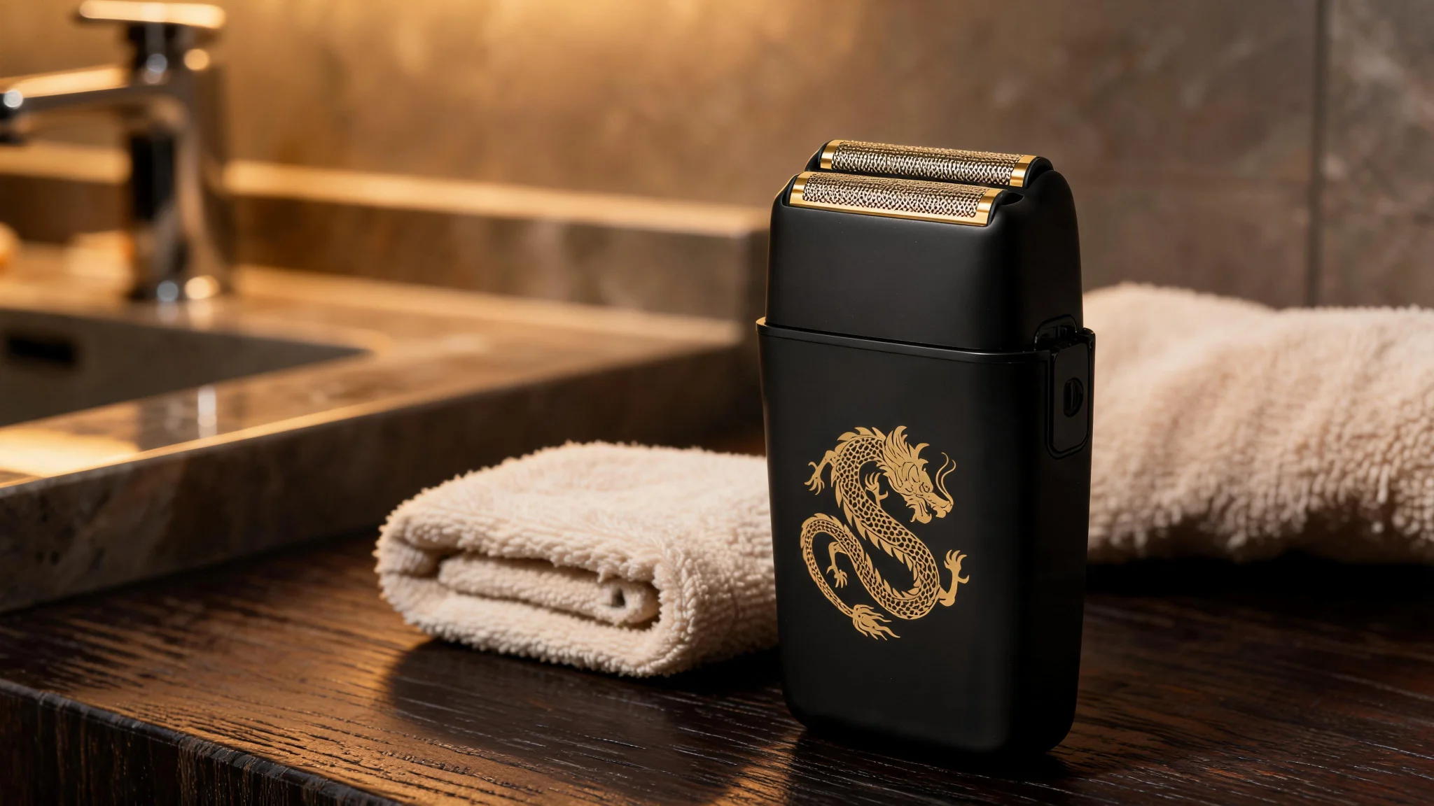 Cutting Edge Kyoto Professional Electric Shaver – Dual Gold Foil Hypoallergenic Blades with Dragon Motif Metal Body
