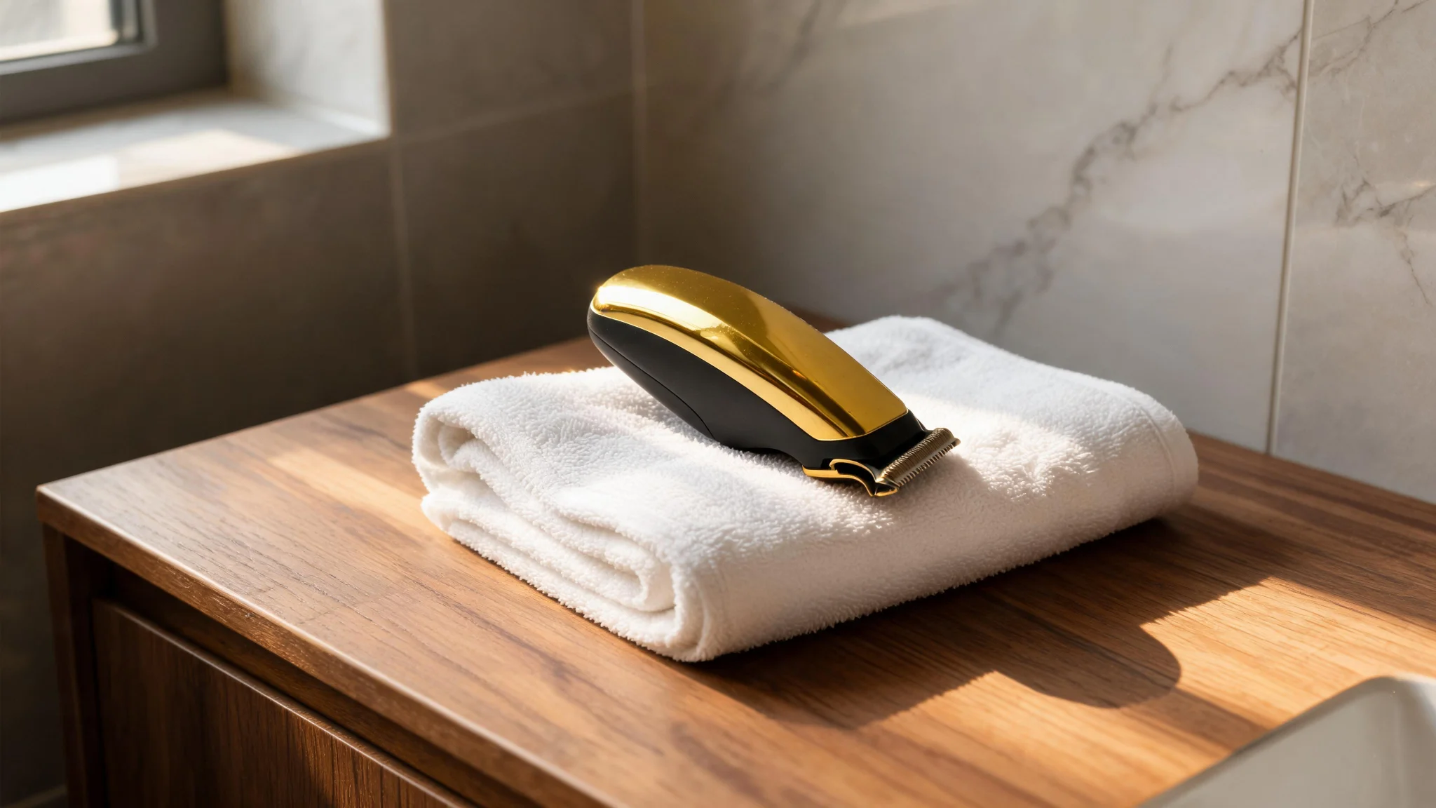 Hypoallergenic Battery-Powered Gold T-Blade Beard Trimmer for Men with 3 Guide Combs - Scene 7