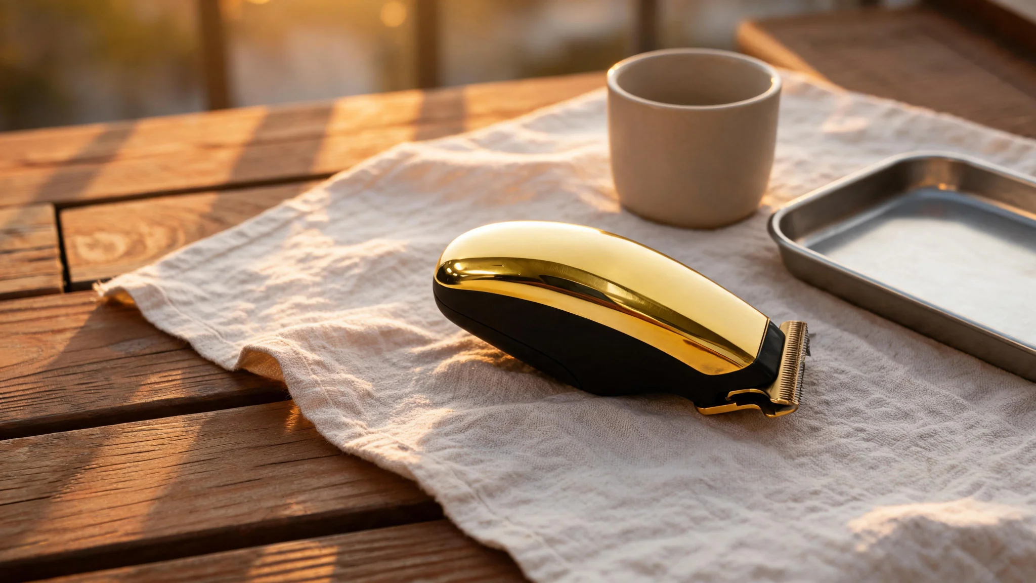 Hypoallergenic Battery-Powered Gold T-Blade Beard Trimmer for Men with 3 Guide Combs - Slide 3