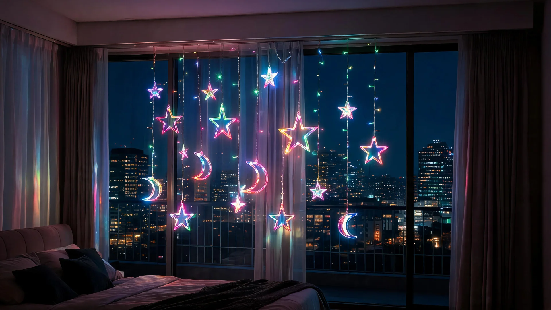 Multicolor Moon & Star Curtain Lights, 8ft RGB LED Window String Lights with Solid & Blinking Modes, Celestial Glow Hanging Fairy Lights for Bedroom, Living Room, Holiday Wall Decor - Scene 5