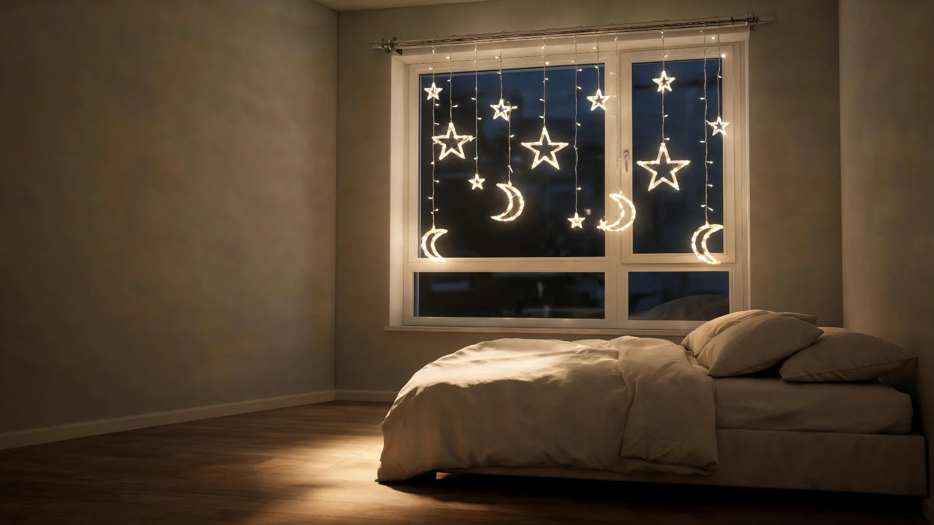 Multicolor Moon & Star Curtain Lights, 8ft RGB LED Window String Lights with Solid & Blinking Modes, Celestial Glow Hanging Fairy Lights for Bedroom, Living Room, Holiday Wall Decor - Scene 7