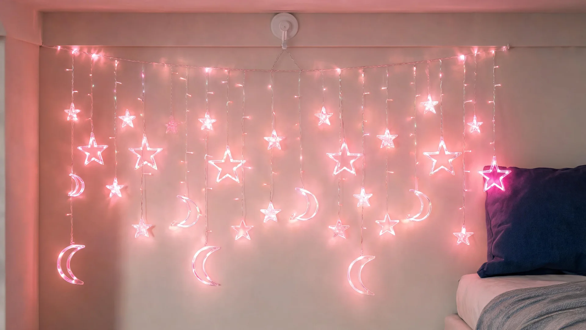 Multicolor Moon & Star Curtain Lights, 8ft RGB LED Window String Lights with Solid & Blinking Modes, Celestial Glow Hanging Fairy Lights for Bedroom, Living Room, Holiday Wall Decor - Scene 6
