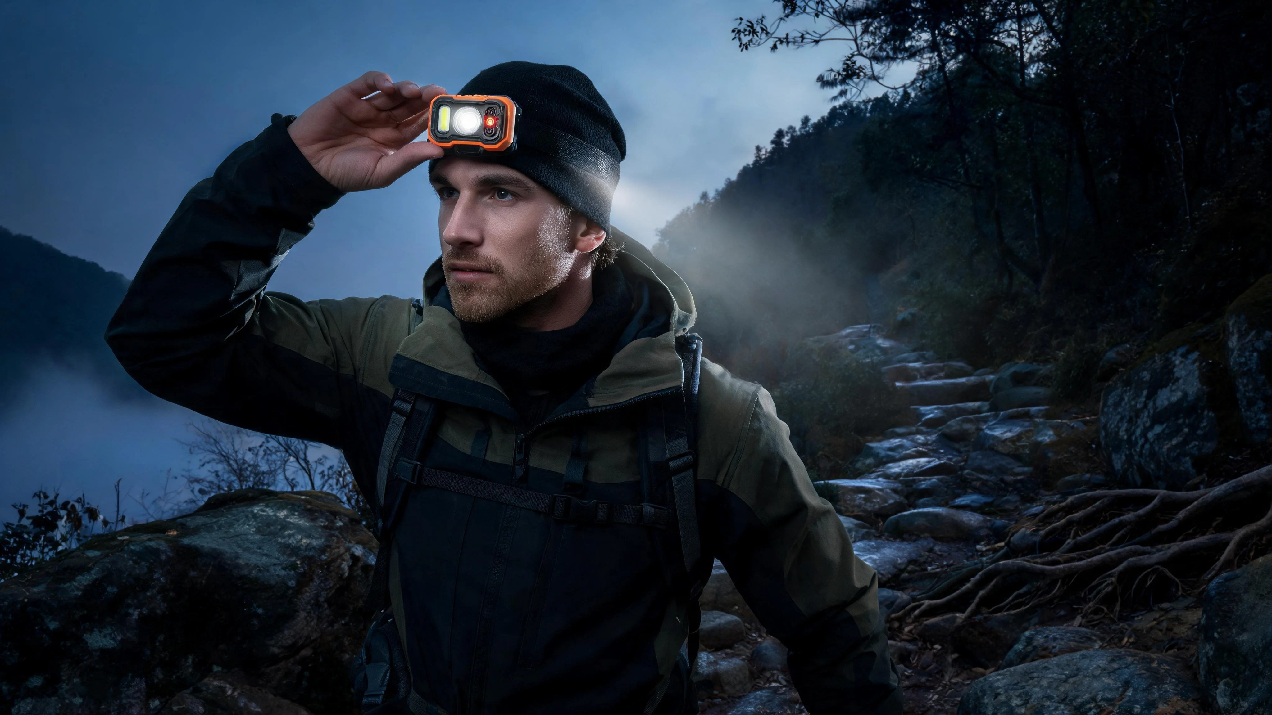 Rechargeable Headlamp with Wave Sensor, Ultra Bright 1,000 Lumens LED Head Light, Adjustable 90° Tilt, 7 Lighting Modes, IP65 Waterproof, Fits Over Helmet, 14 Hour Head Lamp for Camping - Scene 6