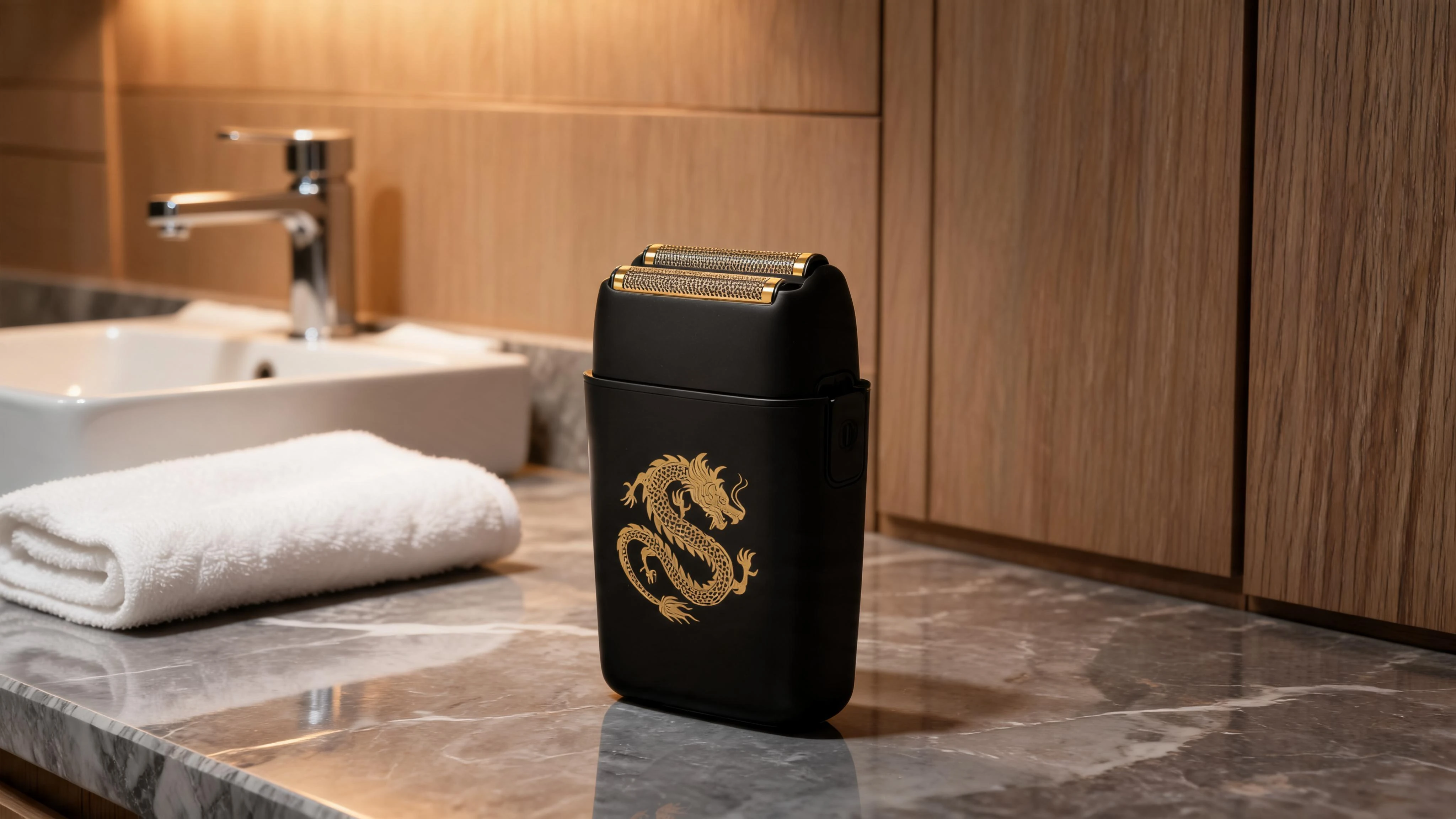 Kyoto Professional Electric Shaver – Dual Gold Foil Hypoallergenic Blades with Dragon Motif Metal Body hero video