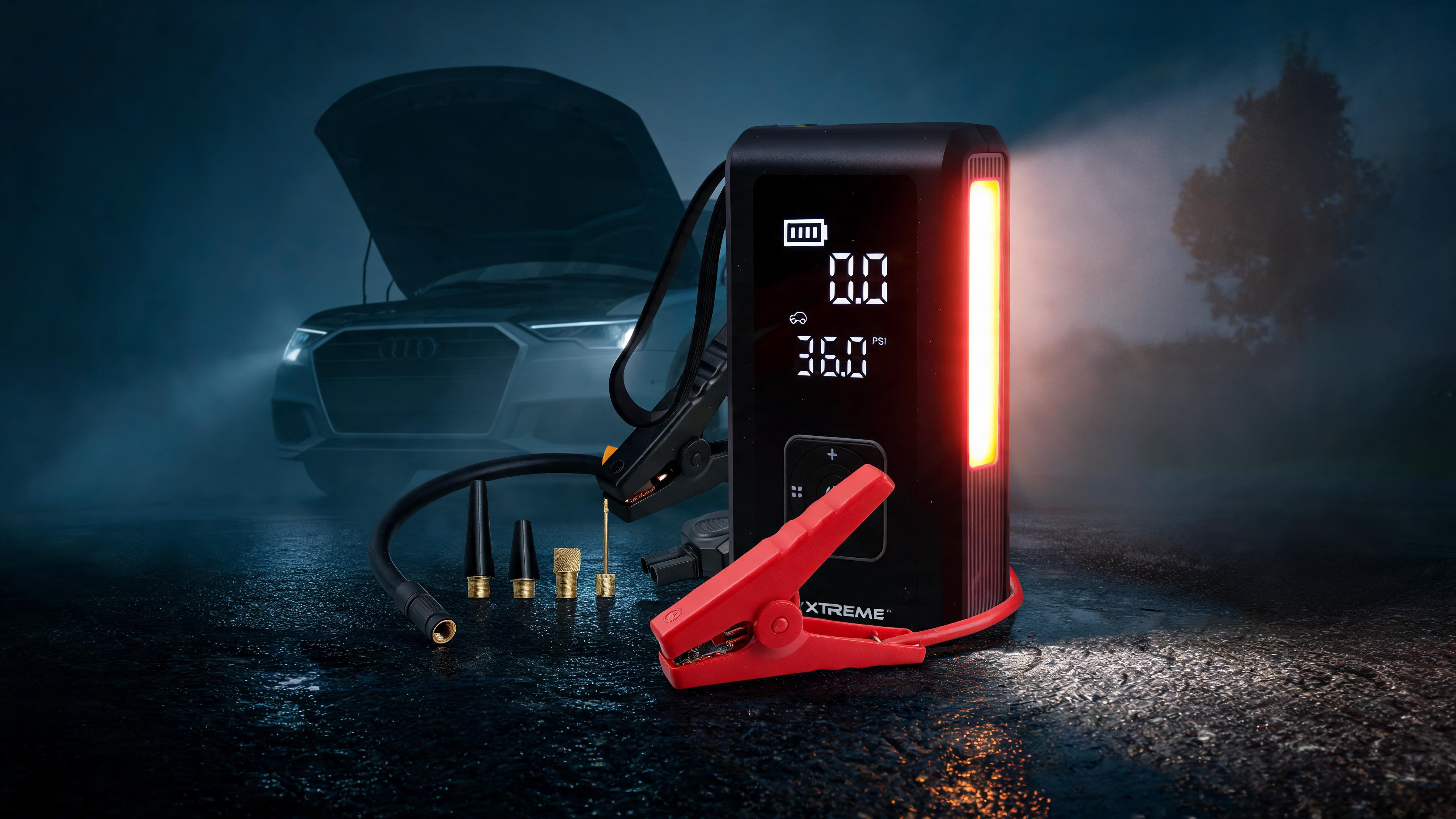 Xtreme 4-in-1 Jump Starter with Air Compressor, 1000 Peak Amps Car Battery Booster, 150 PSI Tire Inflator, 8000mAh Portable Power Bank, LED Flashlight