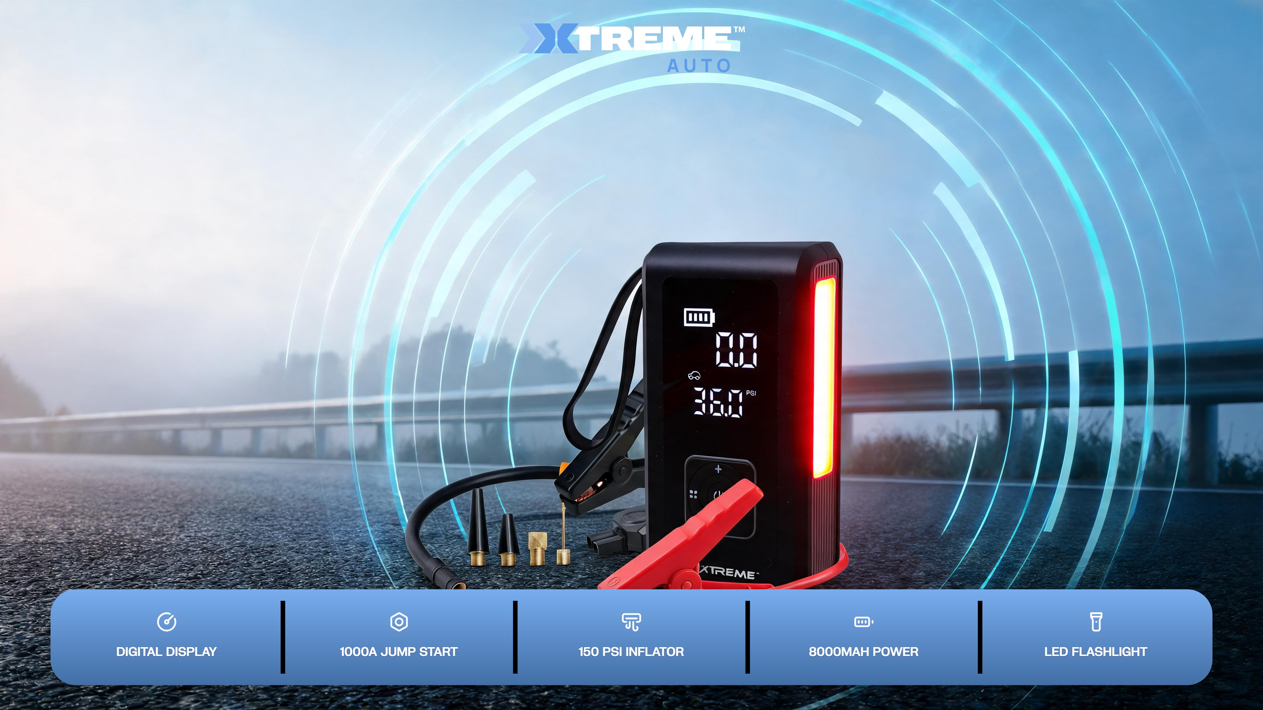 4-in-1 Jump Starter with Air Compressor, 1000 Peak Amps Car Battery Booster, 150 PSI Tire Inflator, 8000mAh Portable Power Bank, LED Flashlight - Scene 2