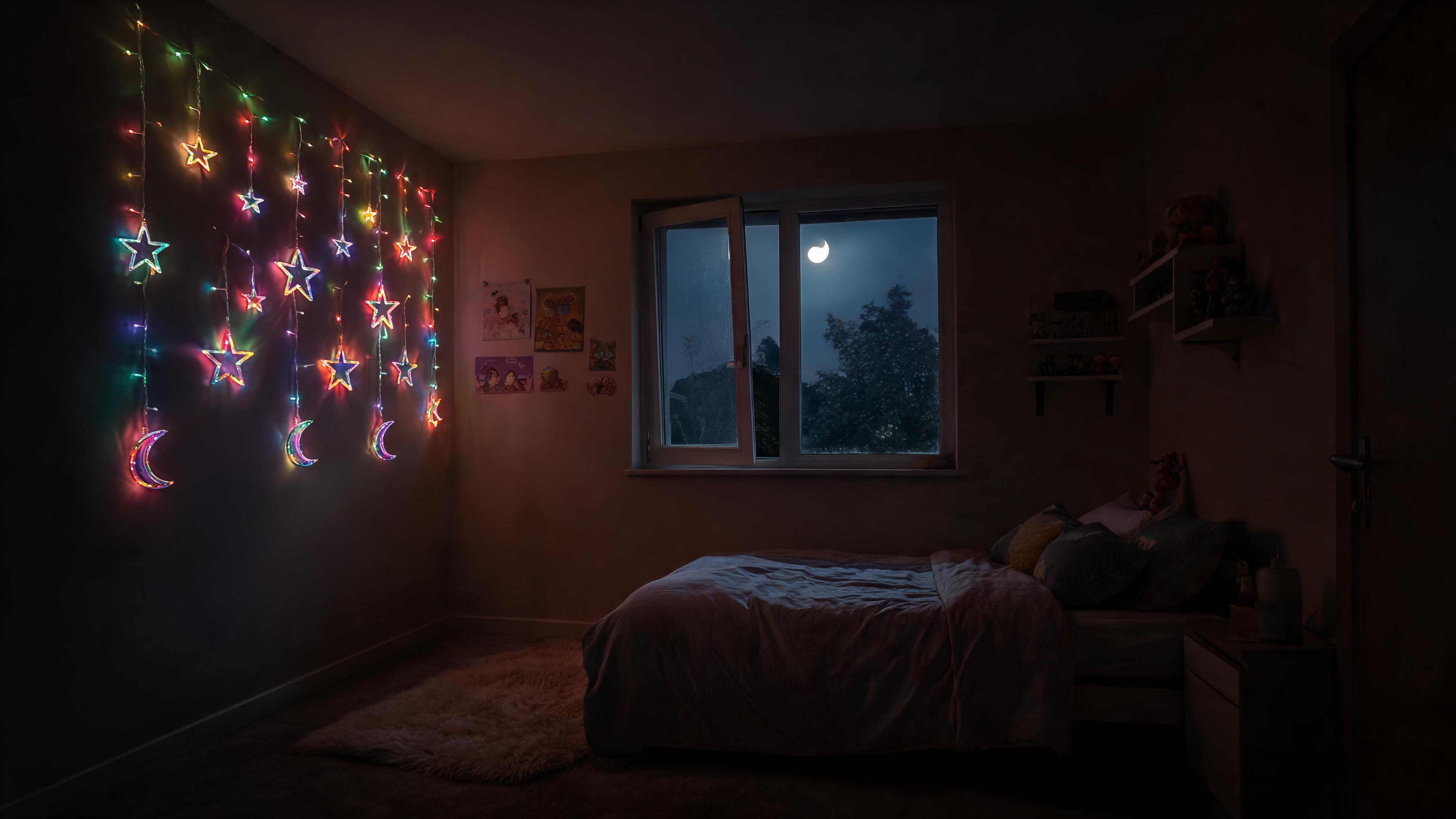 Multicolor Moon & Star Curtain Lights, 8ft RGB LED Window String Lights with Solid & Blinking Modes, Celestial Glow Hanging Fairy Lights for Bedroom, Living Room, Holiday Wall Decor - Slide 3