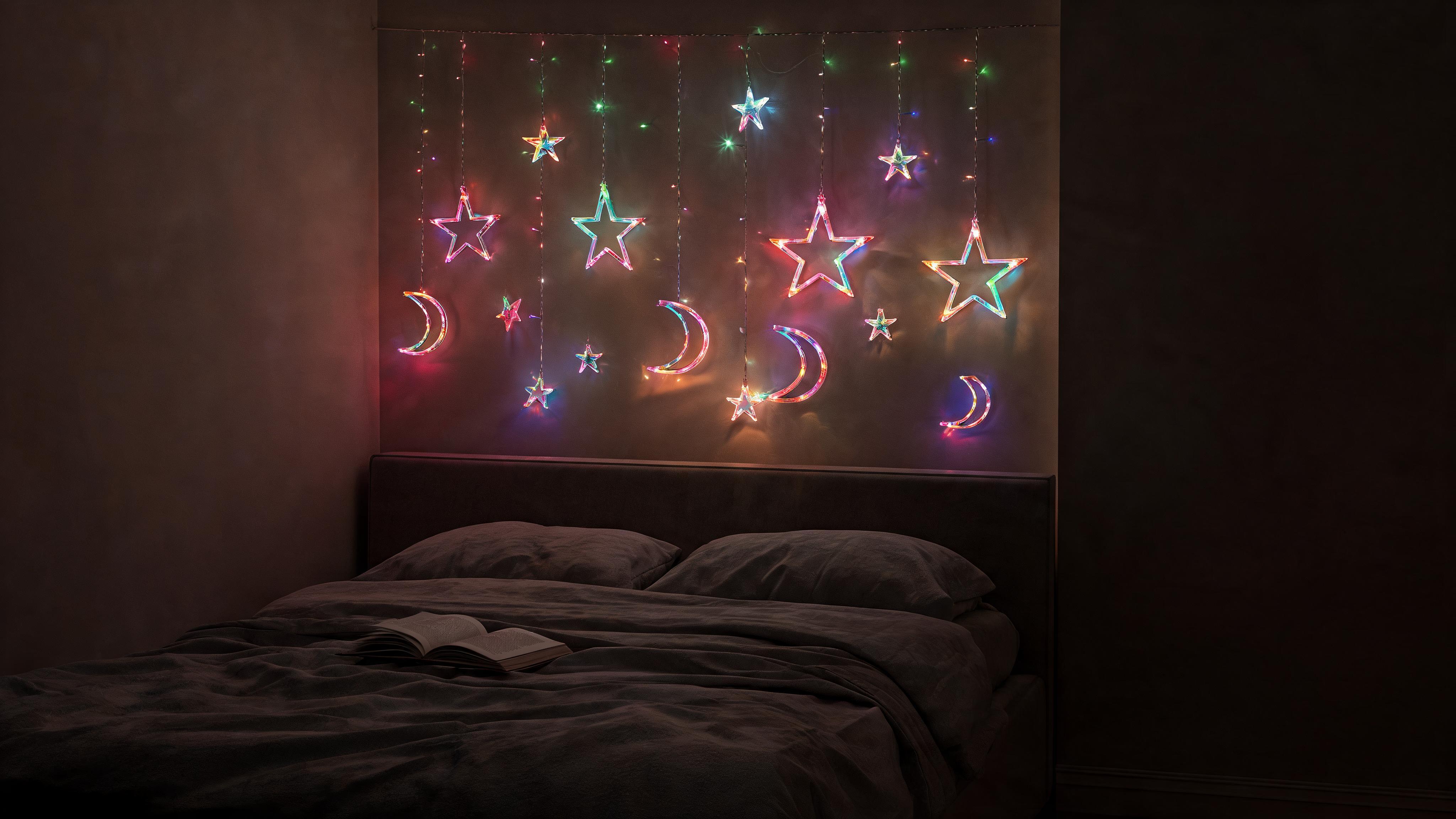 Multicolor Moon & Star Curtain Lights, 8ft RGB LED Window String Lights with Solid & Blinking Modes, Celestial Glow Hanging Fairy Lights for Bedroom, Living Room, Holiday Wall Decor - Scene 9