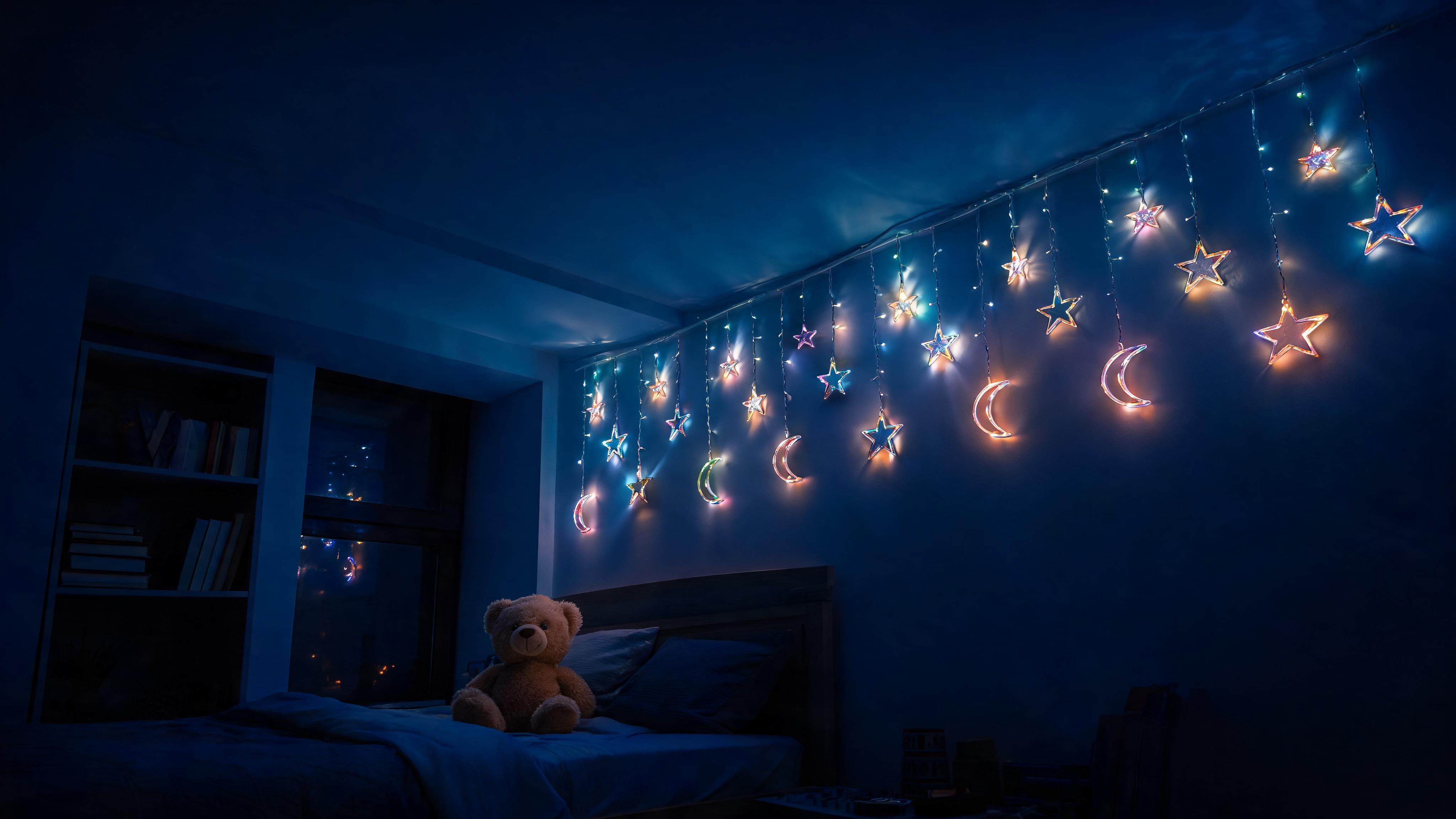 Multicolor Moon & Star Curtain Lights, 8ft RGB LED Window String Lights with Solid & Blinking Modes, Celestial Glow Hanging Fairy Lights for Bedroom, Living Room, Holiday Wall Decor - Scene 8