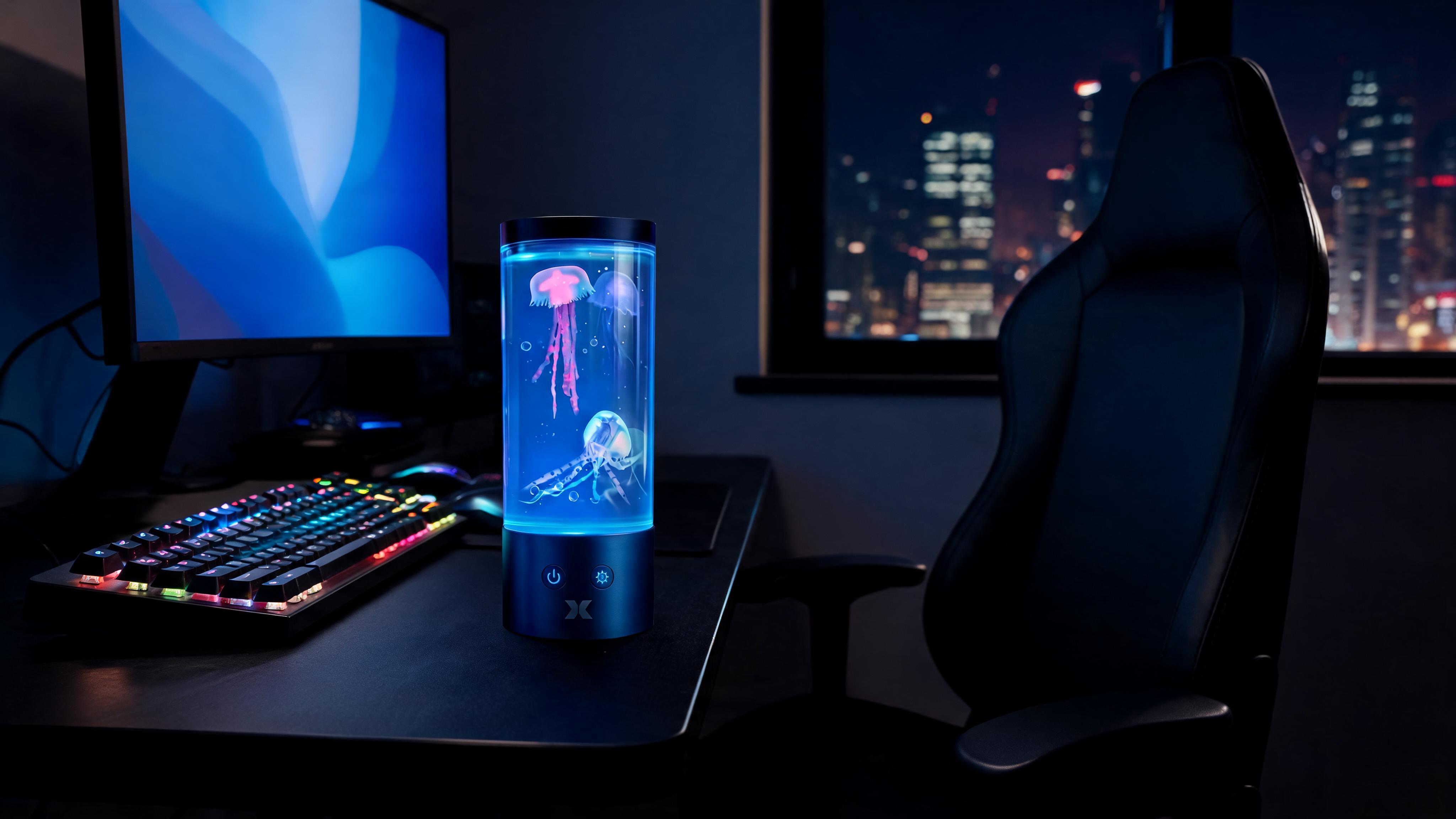 Jellyfish Mood Lamp, Color-Changing LED Aquarium Night Light with Moving Jellyfish, Ambient Desktop Light for Home, Office & Gaming Setup - Scene 9