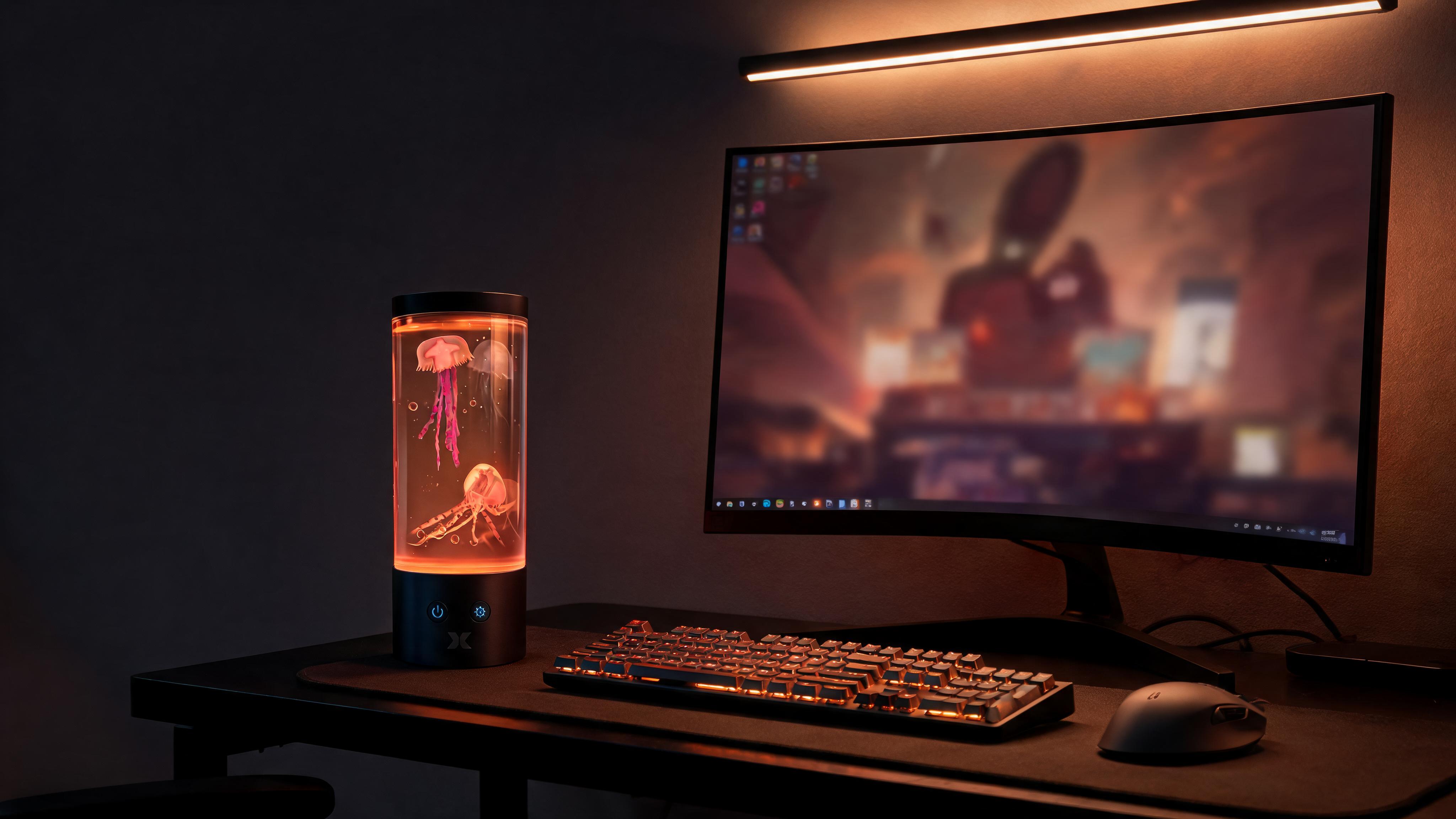 Jellyfish Mood Lamp, Color-Changing LED Aquarium Night Light with Moving Jellyfish, Ambient Desktop Light for Home, Office & Gaming Setup - Scene 6