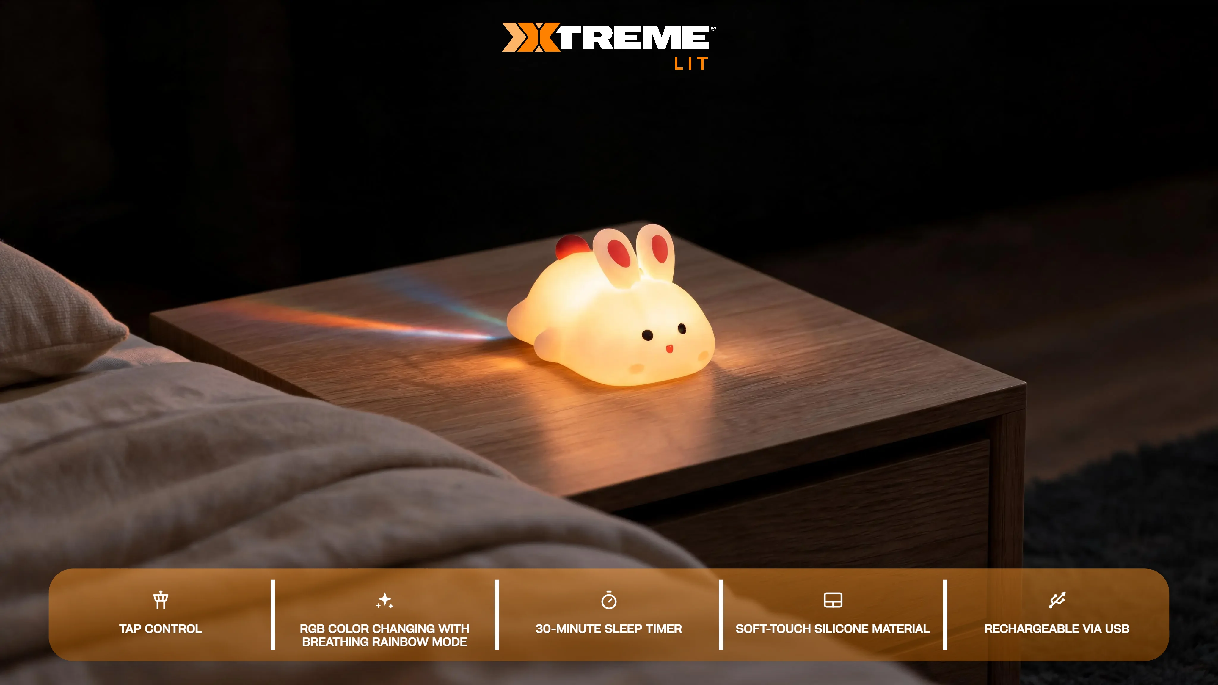 Soft Touch Bunny LED Night Light – Tap Control RGB Color Changing Lamp with Sleep Timer hero video